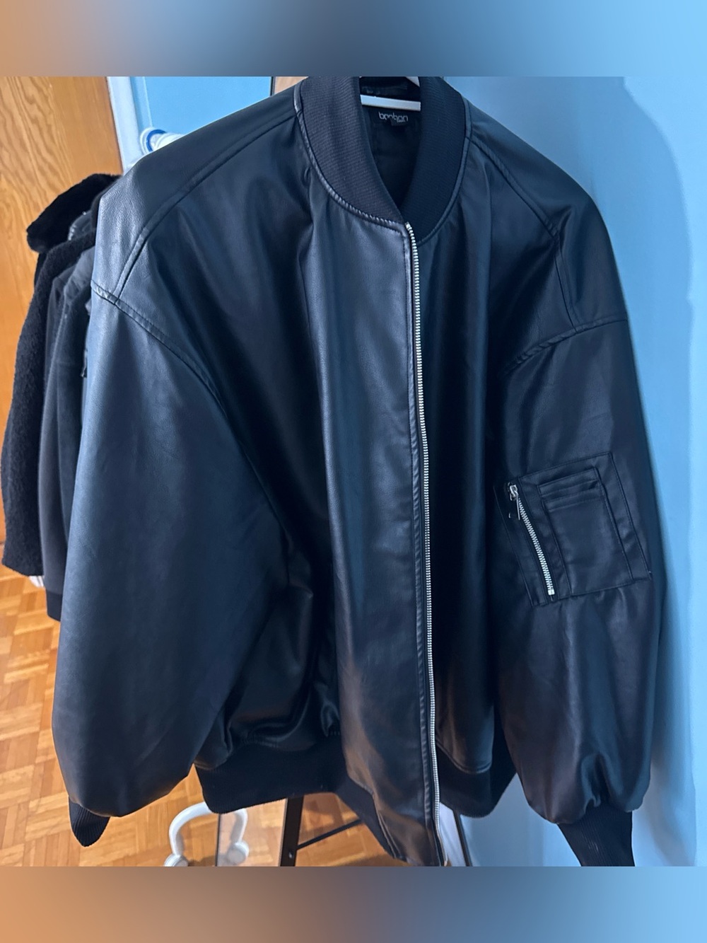 Boohoo Black Leather Bomber Jacket